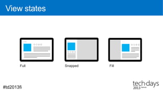 Live tile designs




                Live tile displaying data and number counter


 Source: http://www.windows8designhandbook.com/choosing-windows-8-live-tiles.html

#td2013fi
 