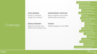 Inguinal hernia repair
                                                                                    Appendicectomy
                                                                                    Pancreaticojejunostomy
                                                                                        Proctocolectomy
                 CHALLENGING                  INCREASINGLY POPULAR                 Diagnostic laparoscopy
                 known as ‘keyhole’           Many surgeries now involve                Rectopexy
                 surgery for a reason.        laparoscopic procedures.
                                                                                      Proctosigmoidectomy
                                                                                        Fundoplication

                 REVOLUTIONARY                YOUNG                                          Adrenalectomy
    Challenges   Reduces scarring, side       Widely adopted in the 1990s.                   Single port
                 effects and recovery time.                                             Cholecystectomy
                                                                                    Hepaticojejunostomy
                                                                                             Appendectomy

                                                                                                 Colectomy
                                                                                        Lleocolectomy
                                                                                     Distal pancreatectomy
                                                                                           Pyloromyotomy
                                                                             Abdominoperineal resection


Design
 