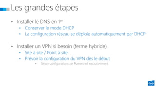 • Conserver le mode DHCP
• La configuration réseau se déploie automatiquement par DHCP
• Site à site / Point à site
• Prévoir la configuration du VPN dès le début
• Sinon configuration par Powershell exclusivement
 