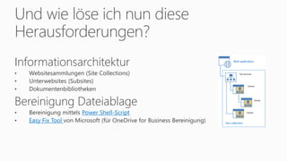 Und wie löse ich nun diese
Herausforderungen?
Informationsarchitektur
• Websitesammlungen (Site Collections)
• Unterwebsites (Subsites)
• Dokumentenbibliotheken
Bereinigung Dateiablage
• Bereinigung mittels Power Shell-Script
• Easy Fix Tool von Microsoft (für OneDrive for Business Bereinigung)
 