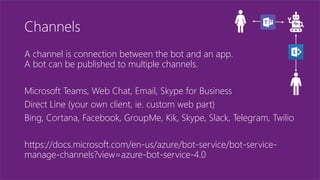 Channels
A channel is connection between the bot and an app.
A bot can be published to multiple channels.
Microsoft Teams, Web Chat, Email, Skype for Business
Direct Line (your own client, ie. custom web part)
Bing, Cortana, Facebook, GroupMe, Kik, Skype, Slack, Telegram, Twilio
https://docs.microsoft.com/en-us/azure/bot-service/bot-service-
manage-channels?view=azure-bot-service-4.0
 