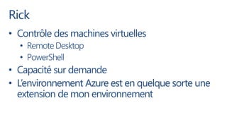Rick
• Contrôle des machines virtuelles
  • Remote Desktop
  • PowerShell
• Capacité sur demande
• L’environnement Azure est en quelque sorte une
  extension de mon environnement
 