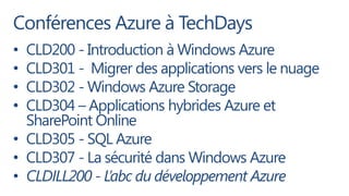 Conférences Azure à TechDays
• CLD200 - Introduction à Windows Azure
• CLD301 - Migrer des applications vers le nuage
• CLD302 - Windows Azure Storage
• CLD304 – Applications hybrides Azure et
  SharePoint Online
• CLD305 - SQL Azure
• CLD307 - La sécurité dans Windows Azure
• CLDILL200 - L’abc du développement Azure
 