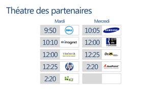 Théatre des partenaires
             Mardi        Mercredi

          9:50       10:05
         10:10       12:00
         12:00       12:25
         12:25       2:20
          2:20
 