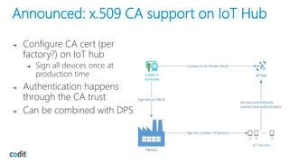 Announced: x.509 CA support on IoT Hub
➔ Configure CA cert (per
factory?) on IoT hub
➔ Sign all devices once at
production time
➔ Authentication happens
through the CA trust
➔ Can be combined with DPS
 