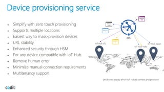 Device provisioning service
➔ Simplify with zero touch provisioning
➔ Supports multiple locations
➔ Easiest way to mass-provision devices
➔ URL stability
➔ Enhanced security through HSM
➔ For any device compatible with IoT Hub
➔ Remove human error
➔ Minimize manual connection requirements
➔ Multitenancy support
DPS knows exactly which IoT Hub to connect and provision
IoT Hub US IoT Hub Japan
IoT Hub India
DPS
 