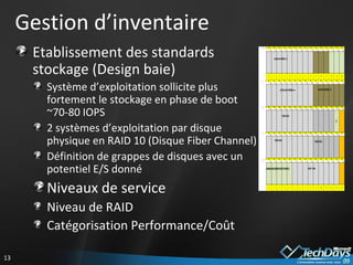 Gestion d’inventaire Etablissement des standards stockage (Design baie) Système d’exploitation sollicite plus fortement le stockage en phase de boot  ~70-80 IOPS 2 systèmes d’exploitation par disque physique en RAID 10 (Disque Fiber Channel) Définition de grappes de disques avec un potentiel E/S donné Niveaux de service Niveau de RAID Catégorisation Performance/Coût 