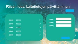 xxxx xxxx >
xxxx xxxx >
xxxx xxxx >
xxxx xxxx >
xxxx xxxx >
xxxx:
xxxx:
xxxx:
Päivän idea: Laitetietojen päivittäminen
 