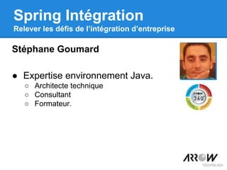 Spring Intégration
Relever les défis de l’intégration d’entreprise
Stéphane Goumard
● Expertise environnement Java.
○ Architecte technique
○ Consultant
○ Formateur.
 
