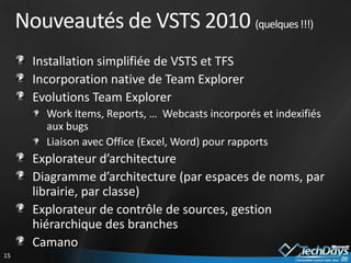 Nouveautés de VSTS 2010 (quelques !!!)Installation simplifiée de VSTS et TFSIncorporation native de Team ExplorerEvolutions Team ExplorerWork Items, Reports, …  Webcasts incorporés et indexifiés aux bugsLiaison avec Office (Excel, Word) pour rapportsExplorateur d’architectureDiagramme d’architecture (par espaces de noms, par librairie, par classe)Explorateur de contrôle de sources, gestion hiérarchique des branchesCamano