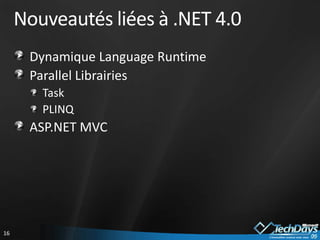 Nouveautés liées à .NET 4.0Dynamique LanguageRuntimeParallel LibrairiesTaskPLINQASP.NET MVC