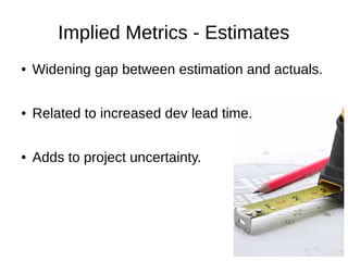 Implied Metrics - Estimates
● Widening gap between estimation and actuals.
● Related to increased dev lead time.
● Adds to project uncertainty.
 