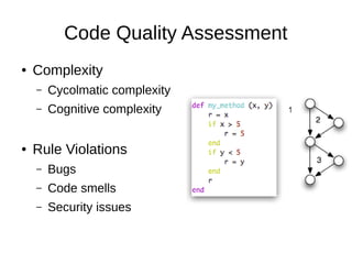 Code Quality Assessment
● Complexity
– Cycolmatic complexity
– Cognitive complexity
● Rule Violations
– Bugs
– Code smells
– Security issues
 