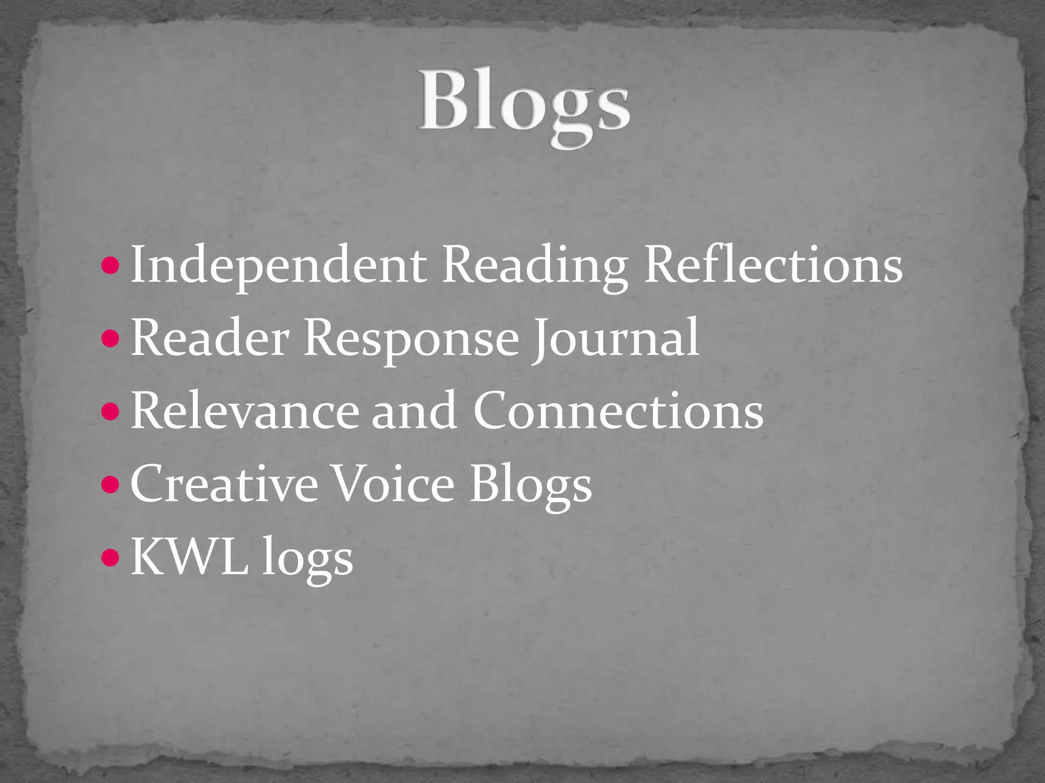 Independent Reading ReflectionsReader Response JournalRelevance and Connections Creative Voice BlogsKWL logsBlogs