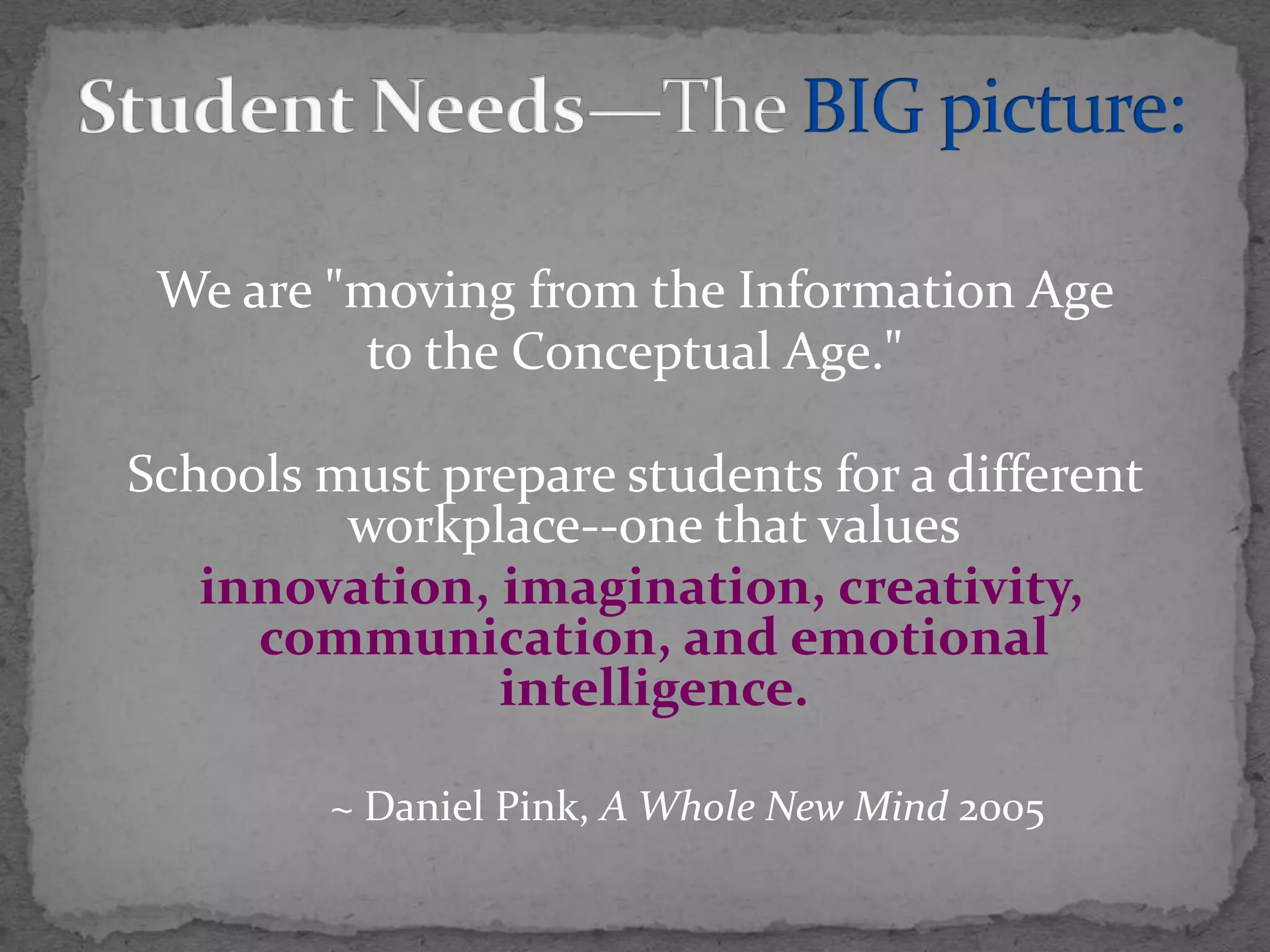 Student Needs—The BIG picture:We are "moving from the Information Age to the Conceptual Age." Schools must prepare students for a different workplace--one that valuesinnovation, imagination, creativity, communication, and emotional intelligence.			~ Daniel Pink, A Whole New Mind 2005