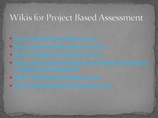 http://hmsvalentine.wikispaces.com/http://grammarstuff.wikispaces.com/http://hmslagnese.wikispaces.com/http://mrceccarelli.wikispaces.com/Modern+Materials+Application+Assignmenthttp://shakesbook.wikispaces.com/http://msdrenaissance.wikispaces.com/Wikis for Project Based Assessment