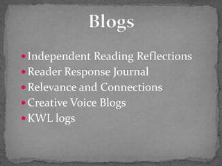 Independent Reading ReflectionsReader Response JournalRelevance and Connections Creative Voice BlogsKWL logsBlogs