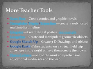 Toon Doo—Create comics and graphic novelsTimeglider/Dipity/Xtimeline—create  a web hosted multimedia timeline.Glogster—Create digital posters  see exampleGeogebra—Create and manipulate geometric objectsGoogle Sketch Up—Create 3-D Drawings and objectsGoogle Earth-Take students  on a virtual field trip anywhere in the world or have them create their own.Open Culture—one of the most comprehensive educational media sites on the web.More Teacher Tools