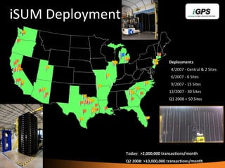 iSUM Deployments Deployments 4/2007 - Central & 2 Sites 6/2007 - 6 Sites 9/2007 - 15 Sites 12/2007 - 30 Sites Q1 2008 > 50 Sites Today:  >2,000,000 transactions/month Q2 2008: >10,000,000 transactions/month TBH M Allen TBH D Ray 