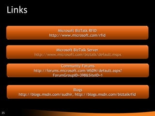 Links Microsoft BizTalk RFID   http://www.microsoft.com/rfid   Microsoft BizTalk Server  http://www.microsoft.com/biztalk/default.mspx Community Forums http://forums.microsoft.com/MSDN/default.aspx?ForumGroupID=398&SiteID=1 Blogs http://blogs.msdn.com/sudhir, http://blogs.msdn.com/biztalkrfid  