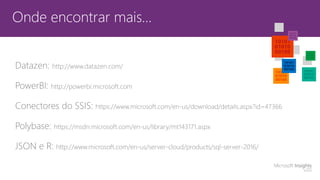Onde encontrar mais…
Datazen: http://www.datazen.com/
PowerBI: http://powerbi.microsoft.com
Conectores do SSIS: https://www.microsoft.com/en-us/download/details.aspx?id=47366
Polybase: https://msdn.microsoft.com/en-us/library/mt143171.aspx
JSON e R: http://www.microsoft.com/en-us/server-cloud/products/sql-server-2016/
 