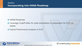 Solution
Incorporating into HANA Roadmap
  HANA Roadmap
  Leverage CodeProfiler for code remediation in preparation for ECC on
HANA
  Hybrid Performance Analysis in ECC
This	document	does	not	contain	technical	data	to	the	EAR	or	ITAR.	
14
 