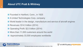 About UTC Pratt & Whitney
  Founded in Hartford, Conn., in 1925
  A United Technologies Corp. company
  World leader in the design, manufacture and service of aircraft engines
  Revenues: $14.5 billion (2014)
  Operating Profit: $2.0 billion (2014)
  More than 11,000 customers around the world
  Approximately 33,500 employees worldwide
This	document	does	not	contain	technical	data	to	the	EAR	or	ITAR.	
5
 