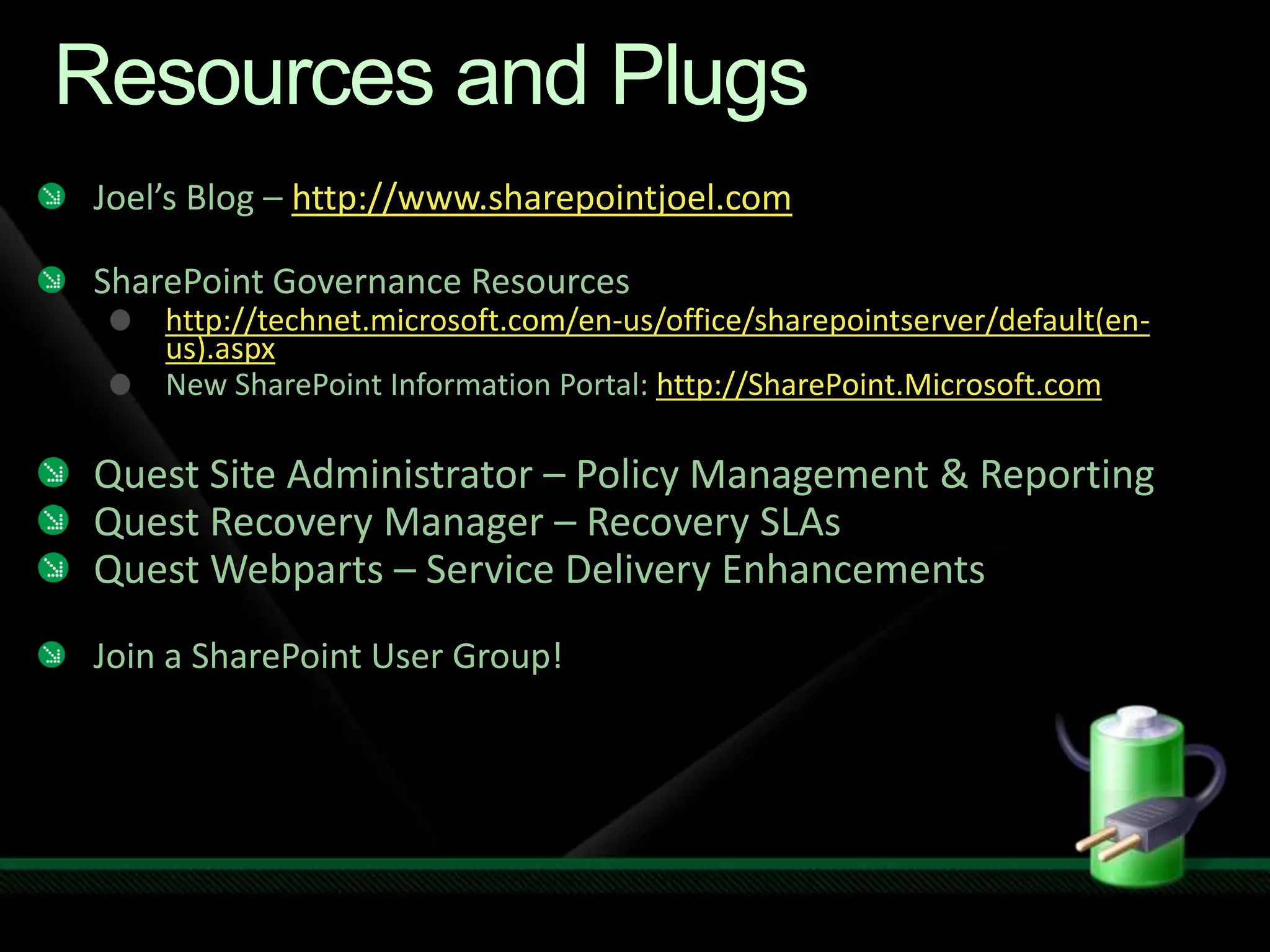 Keep It Simple Stupid.Don’t start with LOB Integration and BDC and Excel Services requirements on your first go…Baby Steps - Start with Collab, Search and Profiles, it’s an easy win.Watch for Scope Creep it is very easy in SharePoint.Careful with development requirements that lead to custom site definition