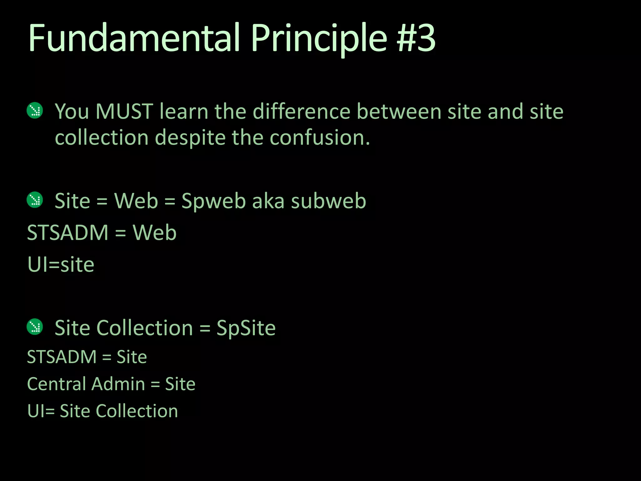 Fundamental Principle #3You MUST learn the difference between site and site collection despite the confusion.Site = Web = Spweb aka subwebSTSADM = WebUI=siteSite Collection = SpSiteSTSADM = SiteCentral Admin = SiteUI= Site Collection