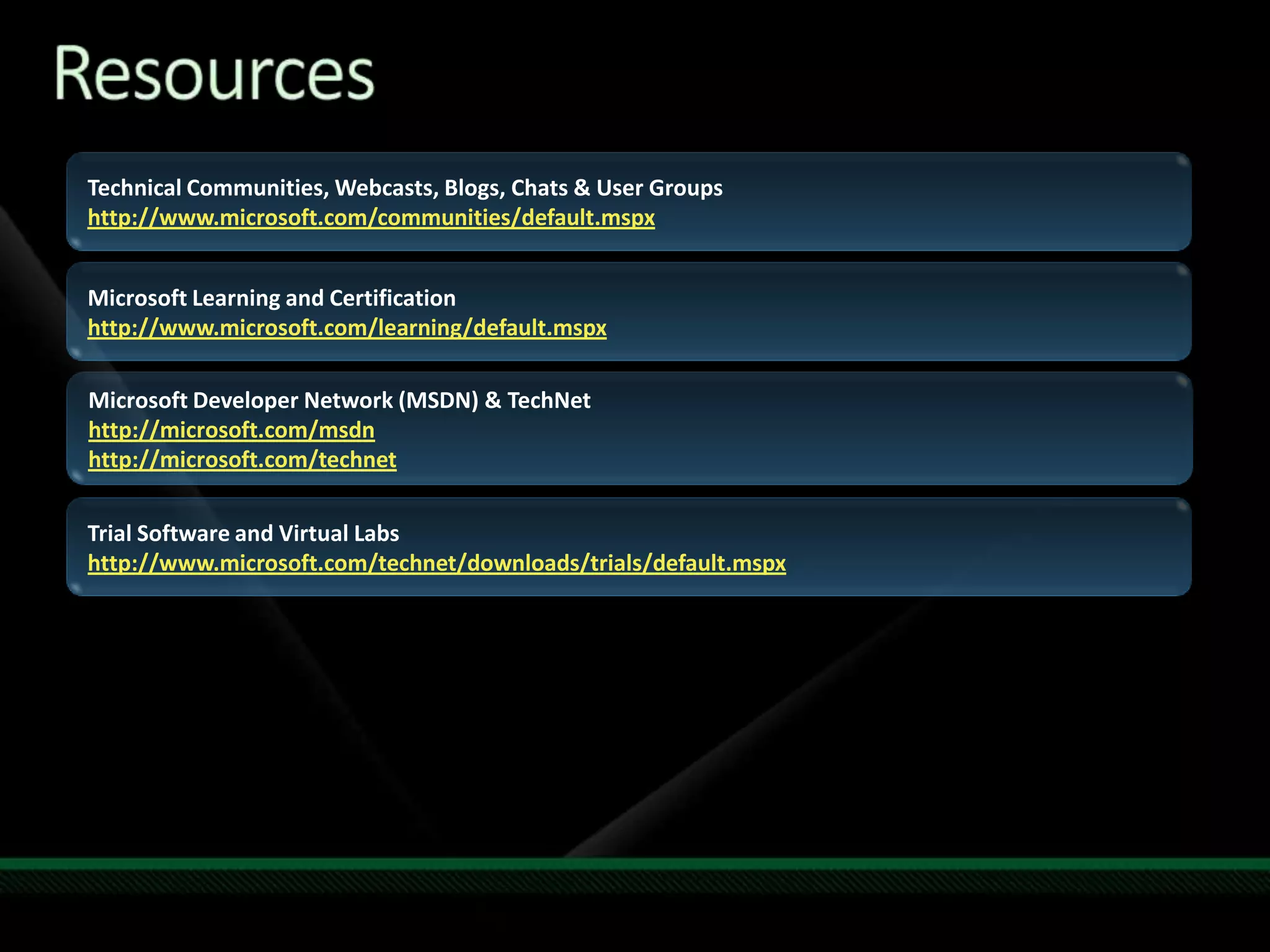 ResourcesRequired slideTechnical Communities, Webcasts, Blogs, Chats & User Groupshttp://www.microsoft.com/communities/default.mspxMicrosoft Learning and Certificationhttp://www.microsoft.com/learning/default.mspxMicrosoft Developer Network (MSDN) & TechNet http://microsoft.com/msdnhttp://microsoft.com/technetTrial Software and Virtual Labshttp://www.microsoft.com/technet/downloads/trials/default.mspx