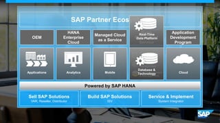 SAP Partner Ecosystem
OEM

HANA
Enterprise
Cloud

Managed Cloud
as a Service

Build

Application
Development
Program

Real-Time
Outsourced
Data Platform

Service
Database/Data
Warehouse
Information
Management

Applications

Analytics

Mobile

Database &
App Development
Technology

Cloud

& Management

Powered by SAP HANA
Sell SAP Solutions
VAR, Reseller, Distributor

in everything weSolutions are
Build SAP do and
ISV

Service & Implement
System Integrator

 