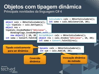 Objetos com tipagem dinâmica
Principais novidades da linguagem C# 4

                                    Calculadora calc = ObterCalculadora();
 object calc = ObterCalculadora();  int soma = calc.Adicionar(10, 20);
 Type tipoCalc = calc.GetType();
 object res =
 tipoCalc.InvokeMember("Adicionar",
     BindingFlags.InvokeMethod, null,
     new object[] { 10, 20 });
                             ScriptObject calc = ObterCalculadora();
 int soma = Convert.ToInt32(res); res = calc.Invoke("Adicionar", 10, 20);
                             object
                             int soma = Convert.ToInt32(res);


 Tipado estaticamente       dynamic calc = ObterCalculadora();
   para ser dinâmico        int sum = calc.Add(10, 20);


                    Coversão                   Invocação dinâmica
                    dinâmica                       do método
 
