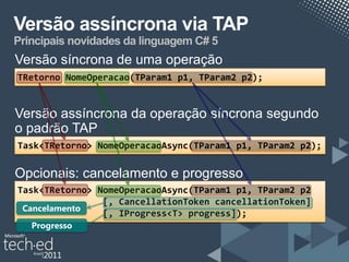 Versão assíncrona via TAP
Principais novidades da linguagem C# 5
Versão síncrona de uma operação
TRetorno NomeOperacao(TParam1 p1, TParam2 p2);


Versão assíncrona da operação síncrona segundo
o padrão TAP
Task<TRetorno> NomeOperacaoAsync(TParam1 p1, TParam2 p2);

Opcionais: cancelamento e progresso
Task<TRetorno> NomeOperacaoAsync(TParam1 p1, TParam2 p2
                [, CancellationToken cancellationToken]
 Cancelamento
                [, IProgress<T> progress]);
   Progresso
 