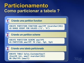 ParticionamentoParticionamento
Como particionar a tabela ?Como particionar a tabela ?
Criando uma partition functionCriando uma partition function11
CREATE PARTITION FUNCTION emailPF (nvarchar(30))
AS RANGE RIGHT FOR VALUES ('G', 'N')
Criando um partition schemeCriando um partition scheme22
CREATE PARTITION SCHEME emailPS
AS PARTITION emailPF TO (fg1, fg2, fg3)
Criando uma tabela particionadaCriando uma tabela particionada33
CREATE TABLE Sales.CustomerEmail
(CustID int, email nvarchar(30))
ON EMailPS (email)
 