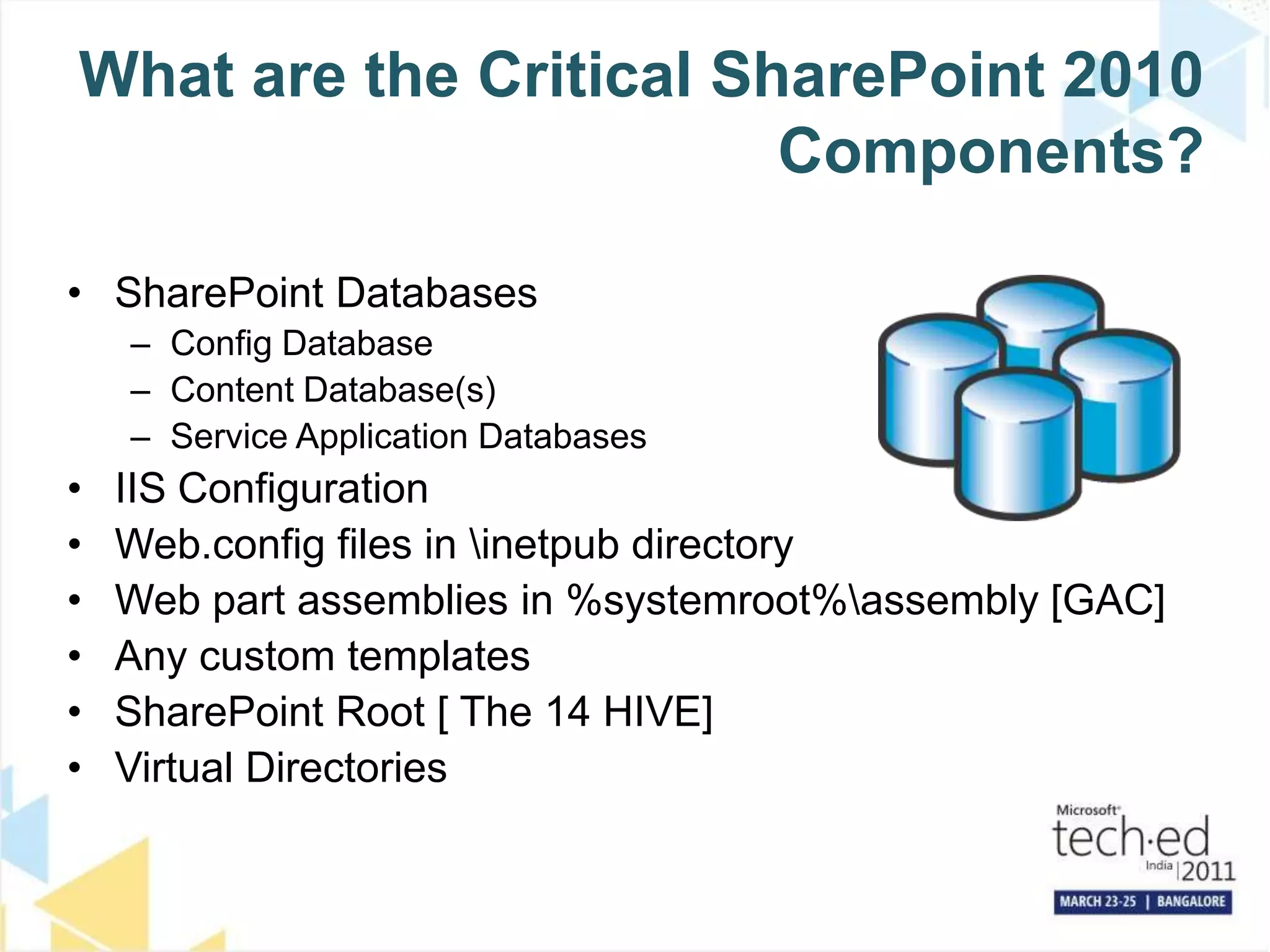 What are the Critical SharePoint 2010 Components?SharePoint DatabasesConfig DatabaseContent Database(s)Service Application DatabasesIIS ConfigurationWeb.config files in \inetpub directoryWeb part assemblies in %systemroot%\assembly [GAC]Any custom templatesSharePoint Root [ The 14 HIVE]Virtual Directories 