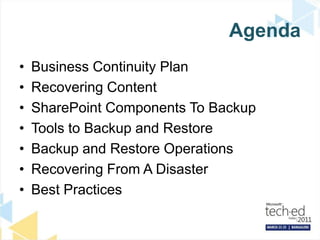 AgendaBusiness Continuity PlanRecovering ContentSharePoint Components To BackupTools to Backup and RestoreBackup and Restore OperationsRecovering From A DisasterBest Practices