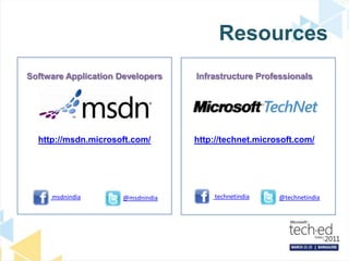 ResourcesSoftware Application Developershttp://msdn.microsoft.com/Infrastructure Professionalshttp://technet.microsoft.com/technetindia msdnindia@technetindia@msdnindia