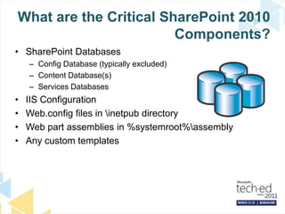 What are the Critical SharePoint 2010 Components?SharePoint DatabasesConfig Database (typically excluded)Content Database(s)Services DatabasesIIS ConfigurationWeb.config files in \inetpub directoryWeb part assemblies in %systemroot%\assemblyAny custom templates
