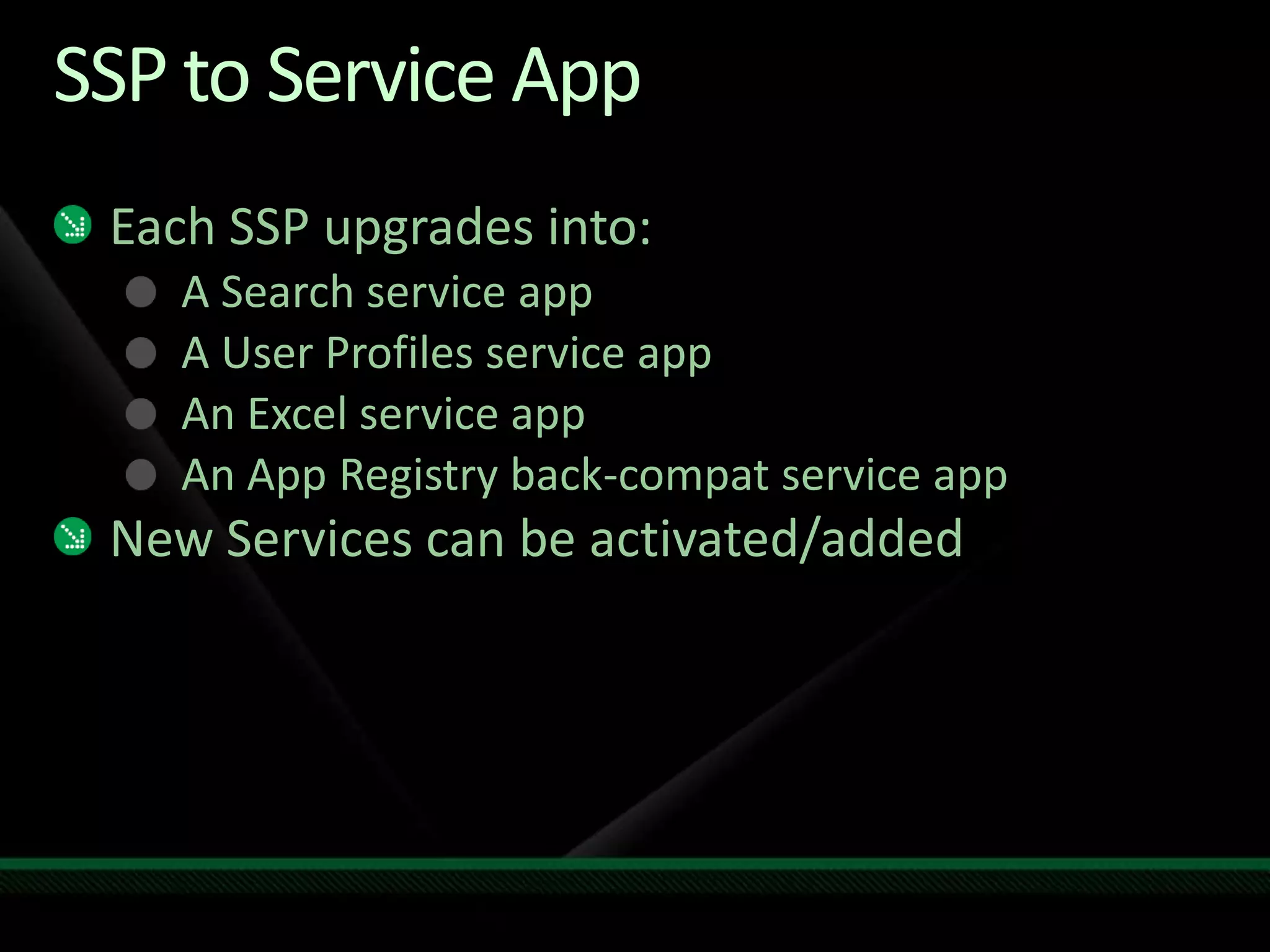 In-Place UpgradeAll-at-once upgradeMust upgrade the whole farm at one timeNo SP 2007 and SP2010 in same farmSchedule downtimeSimplest approach, but *most risky*!No going backResume Upgrade if problems occurRecommendationsRun Test-SPContentDatabase from SP 2010 farm against databasesDo a full farm backup before you start!