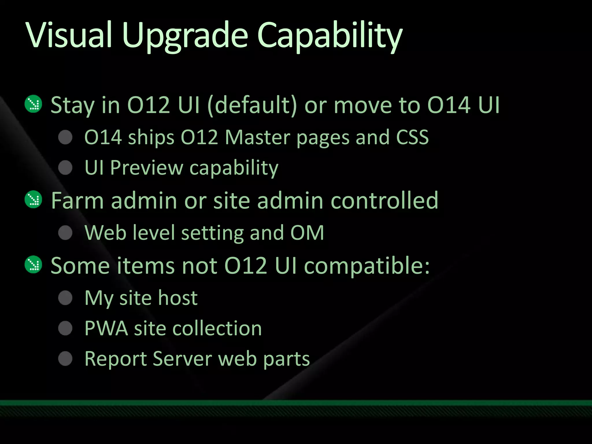 Database Attach UpgradeSafer, Requires more planning (A good thing)Upgrade is done on a separate 2010 farmDone database-by-database Can be used as 2 step gradual visual upgradeUse Test-SPContentDatabase (PowerShellcmdlet) to test database firstTo attachUpgrade-SPContentDatabase (PowerShell)Addcontentdb operation (STSADM)Parallel database upgrades are possible