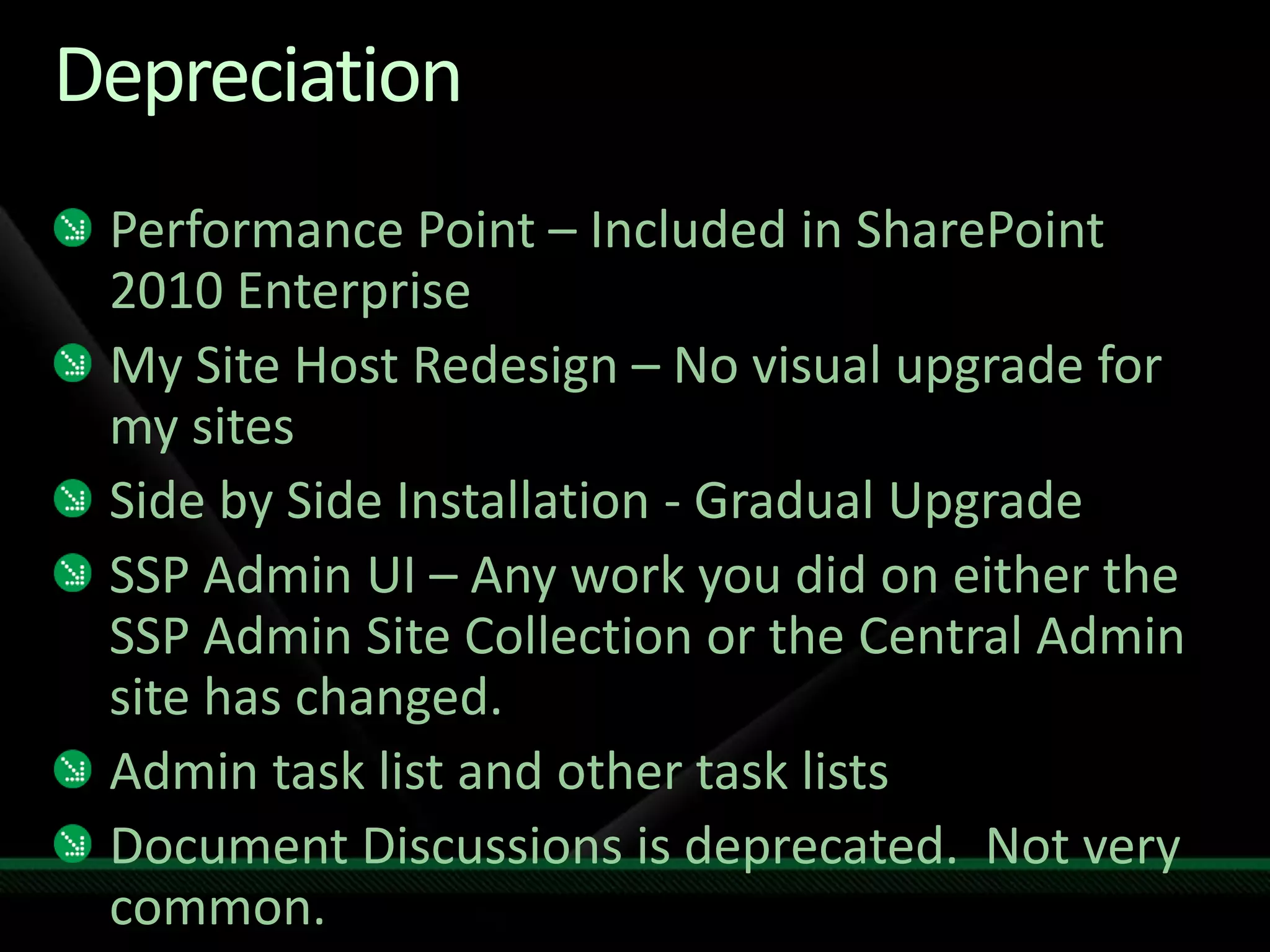UI UpgradeMigrating to SharePoint 2010:All content will migrate overNo changes required to site content or brandingSharePoint 2007 / 3.0 style UI is retainedExisting master pages & page layouts are usedManually migrate to SharePoint 2010 UI	Ribbon, Improved Site Settings, AJAXVisual Upgrade