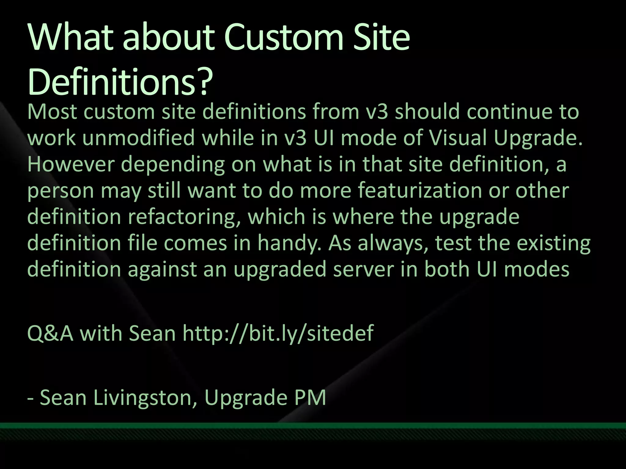Upgrade Pipeline FlowUpgrade internals step by stepPSConfigStage 1: Boot StrapConfiguration DatabaseAdmin Content DatabasePre-Joined FarmJoin FarmStage 2: Central AdminWeb TemplatesSPIISSite ObjectsFeatures UpgradeAdmin Web ServiceAdmin Web ApplicationLocal FarmAdmin Content DatabasesSPSitesPSConfig/TimerSharedResourceProvider12 ObjectsPartner Service ApplicationsService Application ObjectsPartner DatabasesStage 3: User DataLocal FarmWeb TemplatesSPIISSite ObjectsFeatures UpgradeWeb ApplicationSPSitesContent Databases