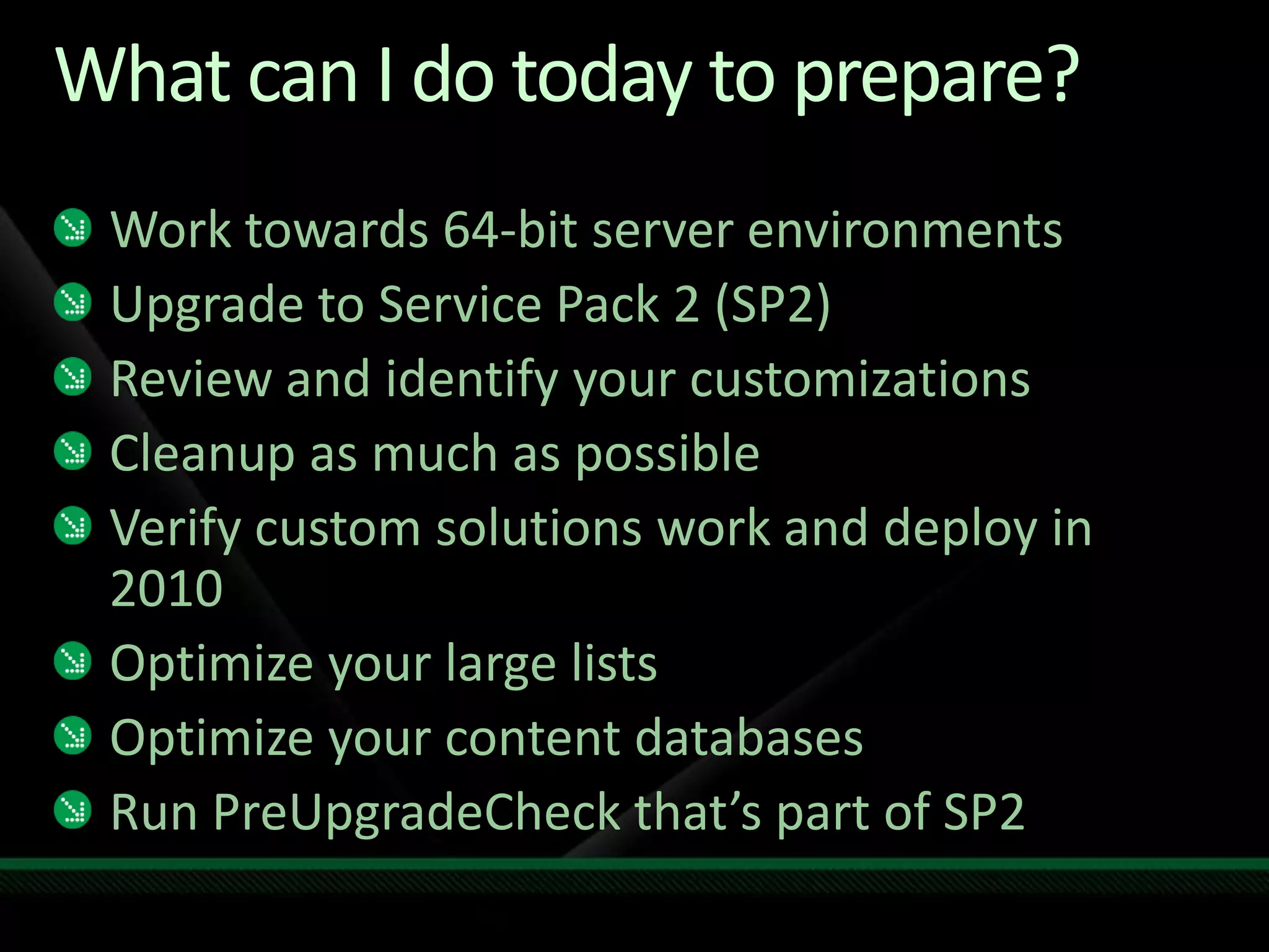 Customizations TestingWill it work after upgrade?Custom JavaScriptCustom ServicesCustom FeaturesCustomSearch Provider or Security TrimmerModified OOB FeaturesOM/Contract CompatibilityStructural CompatibilityUser Interface and (x)HTML CompatibilityCustom Web PartsModified DatabasesCustom Site DefinitionsCustom CSSCustom Authentication ProvidersModified OOB Site Definitions