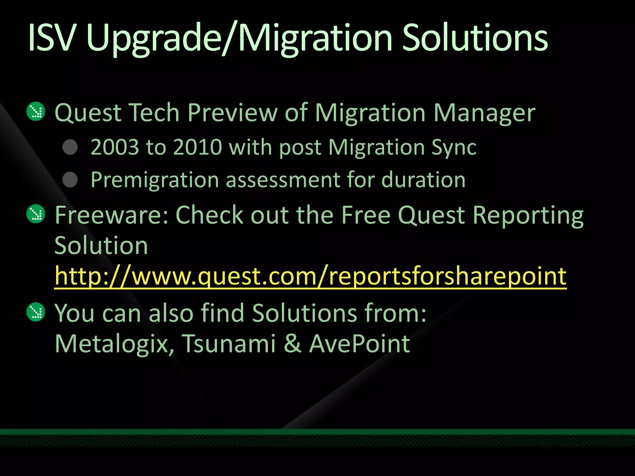 Upgrade TestingWhat are you looking for in a test?Upgrade IssuesDisk Full!!!Modified databasesCustomizationsAuthentication providersPoor dev practicesRecommendationsTest server side customizations & verify in both Visual Upgrade modesConsider preview environmentsSimilar hardware, Use real datasetsDon’t ignore warnings