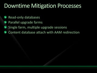 2010 MS Upgrade PhilosophyYou need to understand what MS was thinkingDetect issues earlyProvide O12 tools to adminsReport critical issues at start of upgradeKeep the administrator informedNo data lossKeep content and settingsMinimize downtimeDowntime mitigation processesContinue when at all possibleAbility to resumeUpgrade should not be catch 22