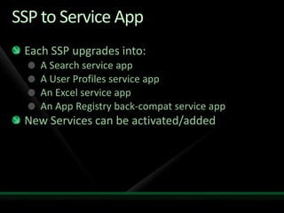 In-Place UpgradeAll-at-once upgradeMust upgrade the whole farm at one timeNo SP 2007 and SP2010 in same farmSchedule downtimeSimplest approach, but *most risky*!No going backResume Upgrade if problems occurRecommendationsRun Test-SPContentDatabase from SP 2010 farm against databasesDo a full farm backup before you start!