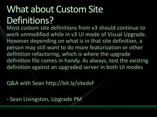 Upgrade Pipeline FlowUpgrade internals step by stepPSConfigStage 1: Boot StrapConfiguration DatabaseAdmin Content DatabasePre-Joined FarmJoin FarmStage 2: Central AdminWeb TemplatesSPIISSite ObjectsFeatures UpgradeAdmin Web ServiceAdmin Web ApplicationLocal FarmAdmin Content DatabasesSPSitesPSConfig/TimerSharedResourceProvider12 ObjectsPartner Service ApplicationsService Application ObjectsPartner DatabasesStage 3: User DataLocal FarmWeb TemplatesSPIISSite ObjectsFeatures UpgradeWeb ApplicationSPSitesContent Databases