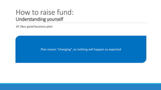 How to raise fund:
Understanding yourself
VC likes good business plan
Plan means “changing”, as nothing will happen as expected
 