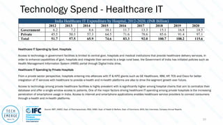 Technology Spend - Healthcare IT
Healthcare IT Spending by Govt. Hospitals
Access to technology in government facilities is limited to central govt. hospitals and medical institutions that provide healthcare delivery services. In
order to enhance capabilities of govt. hospitals and integrate their services to a large rural base, the Government of India has initiated policies such as
Health Management Information System (HMIS) portal through Digital India drive.
Healthcare IT Spending by Private Hospitals
From a private sector perspective, hospitals entering into alliances with IT & KPO giants such as GE Healthcare, IBM, HP, TCS and Cisco for better
integration of IT services with healthcare to provide e-health and m-health platforms are also to drive the segment growth over future.
Access to technology among private healthcare facilities is highly prevalent with is significantly higher among hospital chains that aim to centralize their
database and offer a single window access to patients. One of the major factors driving healthcare IT spending among private hospitals is the increasing
penetration of smartphone usage in India. Access to internet and smartphone applications enables healthcare service providers to connect consumers
through e-health and m-health platforms.
India Healthcare IT Expenditure by Hospital, 2012-2020, (INR Billion)
2012 2013 2014 2015 2016 2017 2018 2019 2020
Government 6.2 7.2 8.6 10.1 11.7 13.3 15.1 16.8 18.5
Private 45.5 50.3 57.3 64.5 71.6 78.6 85.6 91.4 97.1
Total 51.7 57.5 65.9 74.6 83.3 92.0 100.7 108.2 115.6
Source: IBEF, AIMED, Dept. of Pharmaceuticals, IRDA, NABH, Dept. of Health & Welfare, Dept. of Commerce, WHO, KoL Interviews, Company Annual Reports
20
 