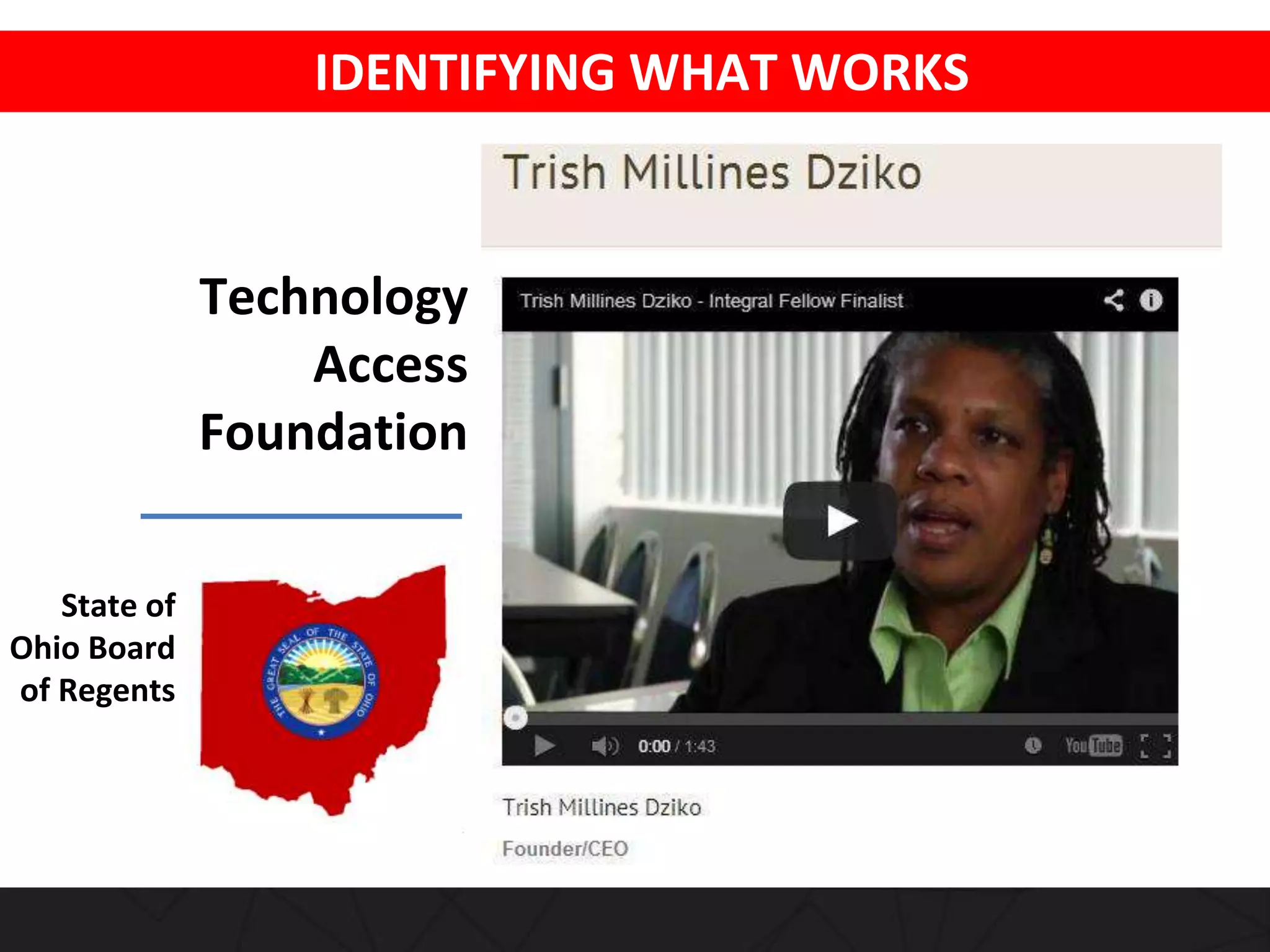 IDENTIFYING WHAT WORKS
Technology
Access
Foundation
State of
Ohio Board
of Regents
 
